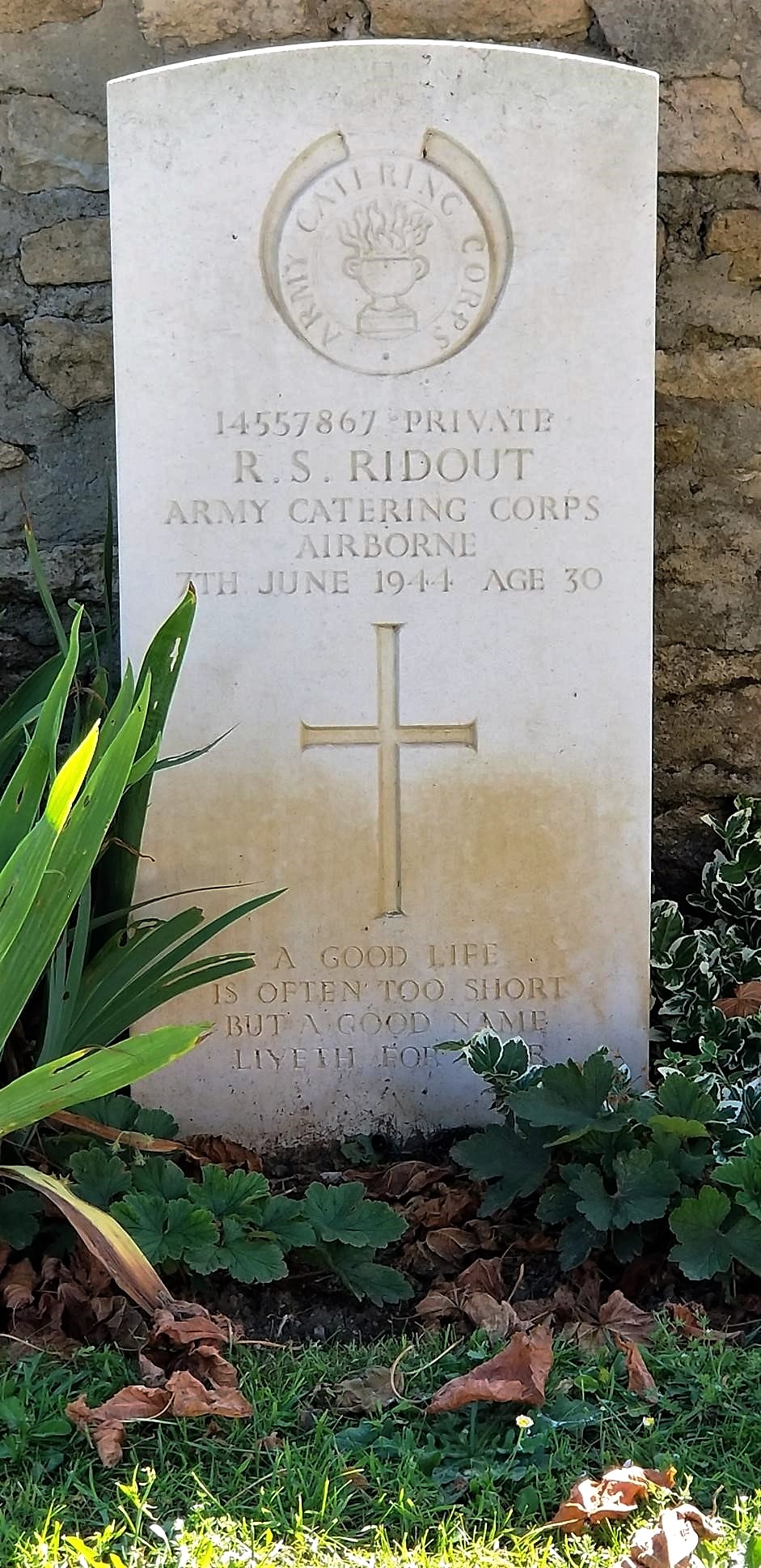 Gravestone for Army Catering Corps veteran at Normandy, France.